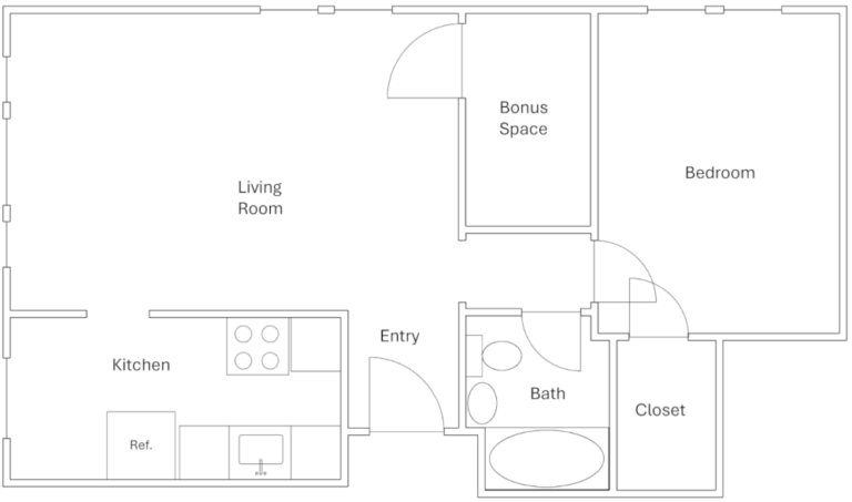 Floorplan of Apartment 10: A 1 bedroom, 1 bathroom unit located on the lower level facing the front of the building